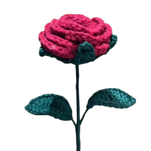Handmade crochet red rose with green leaves on a long yarn stem.