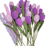 Handmade crochet bouquet with purple tulips and lavender stems in lilac and violet tones.