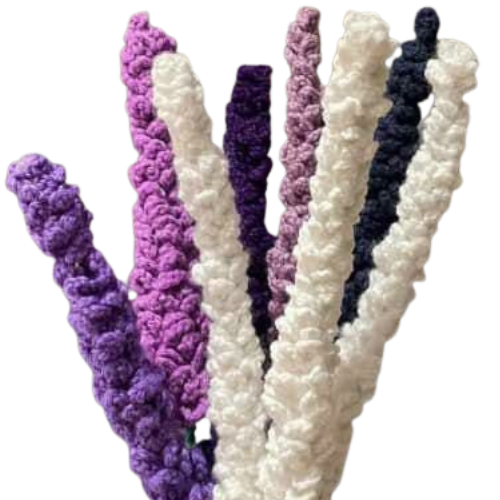 Handmade crochet lavender bouquet with purple, white, and violet stems, crafted with yarn.