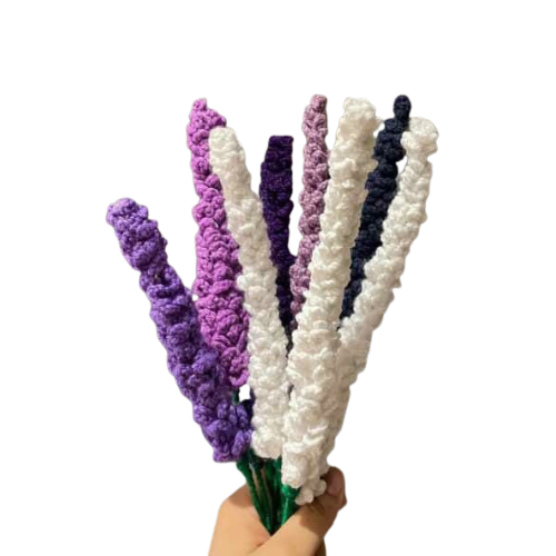 Handmade crochet lavender bouquet with purple, white, and violet stems, crafted with yarn.