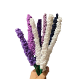 Handmade crochet lavender bouquet with purple, white, and violet stems, crafted with yarn.