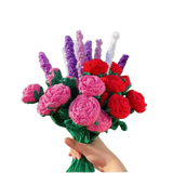 Handmade crochet mixed bouquet with pink and red roses, purple and white lavender stems.