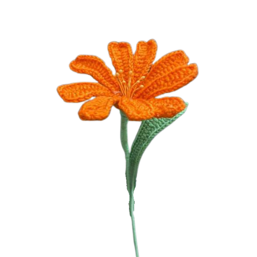 Handmade crochet orange daisy flower with green stem and leaves.