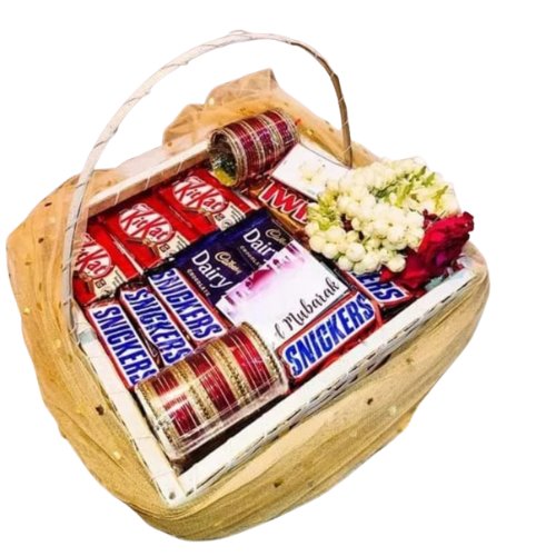 "Heart-shaped gift basket with chocolates, bridal bangles, and flowers for delivery in Pakistan"