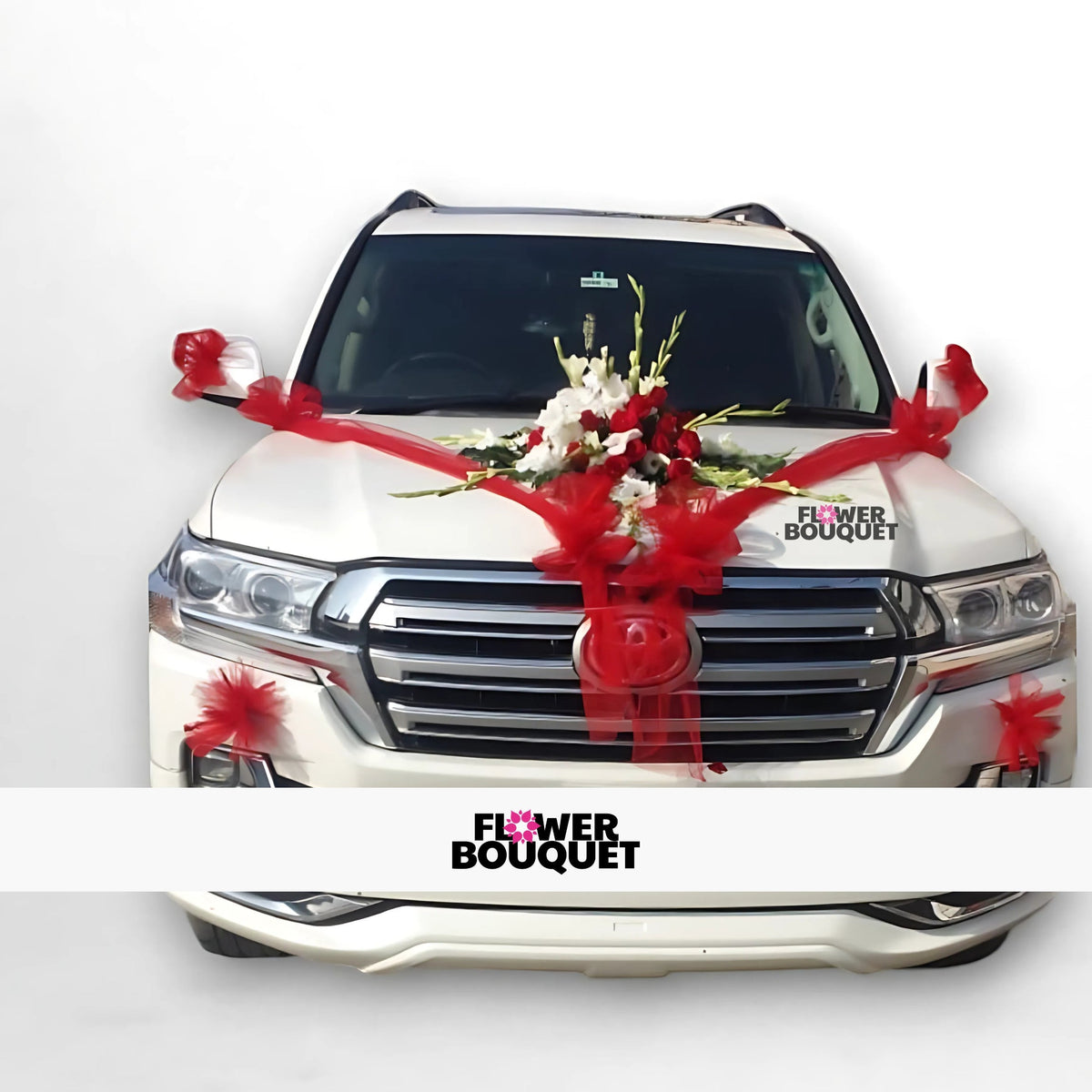 Land Cruiser Prado decorated with red and white flowers, ribbons, and Flower Bouquet logo for weddings.