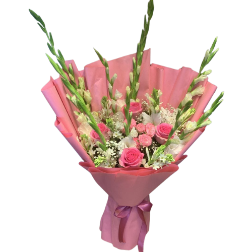 Large hand-tied bouquet with soft white gladiolus, pink and cream roses, and baby's breath wrapped in pink paper – perfect for Mother's Day and elegant gifting in Pakistan