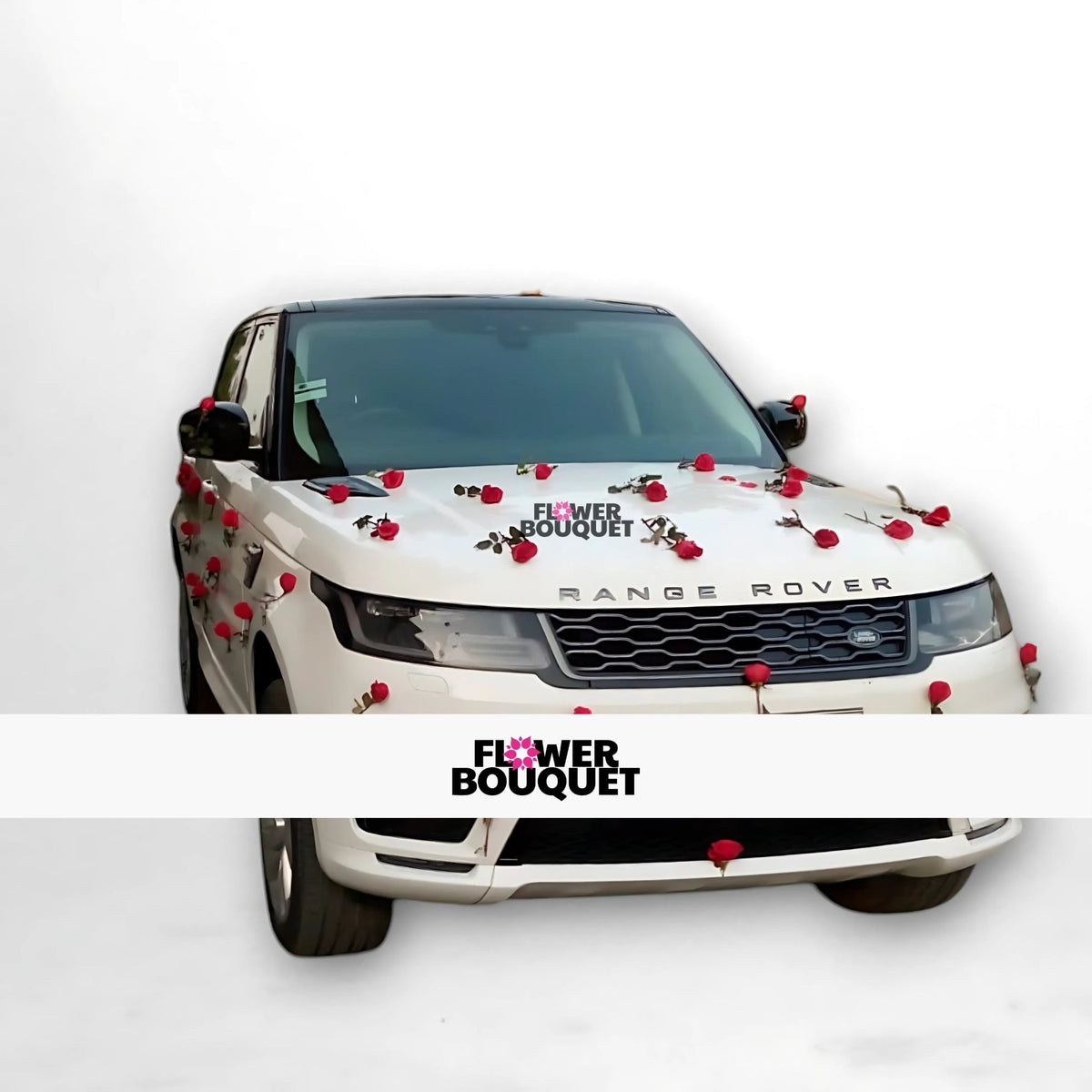 White Range Rover decorated with red roses on the hood, windshield, and sides.