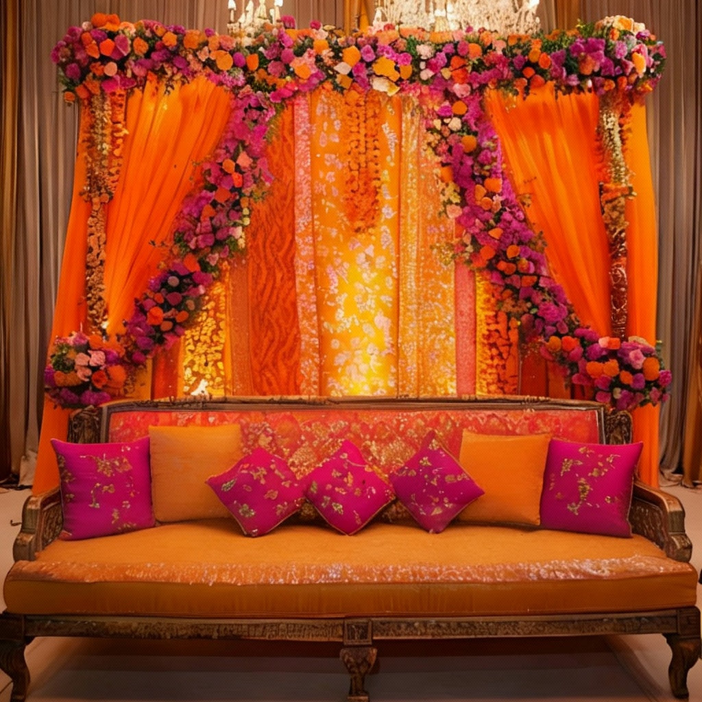Mehndi stage with a floral canopy of pink and orange roses, orange drapes, and a golden sofa with matching cushions for an elegant decor setup