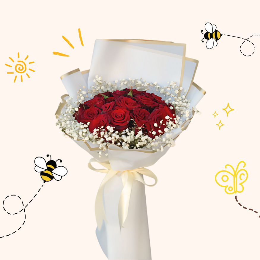 Luxury bouquet of red roses with baby’s breath wrapped in white and gold paper – perfect for romantic occasions and same-day delivery in the UK