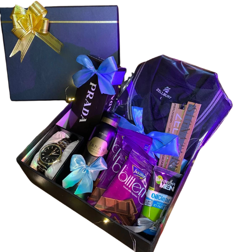 Luxury gift box for him with branded polo T-shirt, body spray, sunglasses, chain watch, face wash, chocolates, and cards