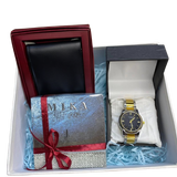 Luxury men’s gift box with chain watch, branded perfume, and black leather wallet