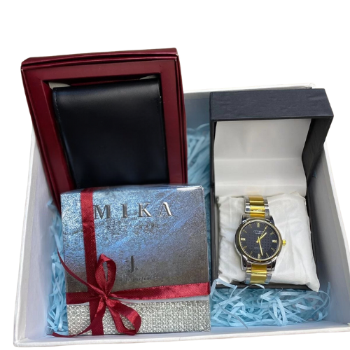 Luxury men’s gift box with chain watch, branded perfume, and black leather wallet