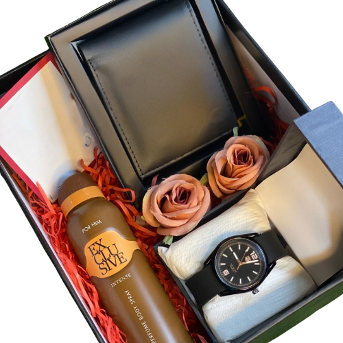 Luxury men’s gift box with leather wallet, wristwatch, J. body spray, roses, and handwritten card