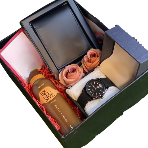Luxury men’s gift box with leather wallet, wristwatch, J. body spray, roses, and handwritten card