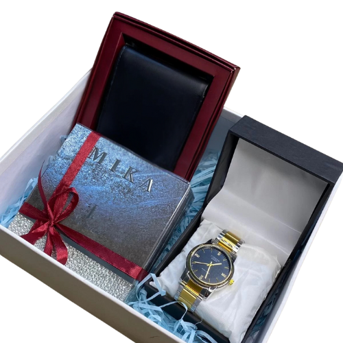 Luxury men’s gift box with chain watch, branded perfume, and black leather wallet