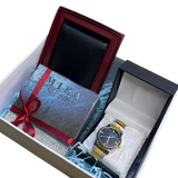 Luxury men’s gift box with chain watch, branded perfume, and black leather wallet