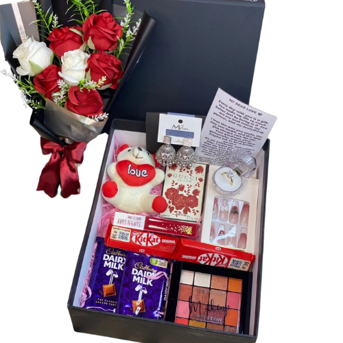 Luxury romantic gift box for her with roses, chocolates, teddy bear, jhumkay, makeup, and love letter – perfect anniversary or birthday gift