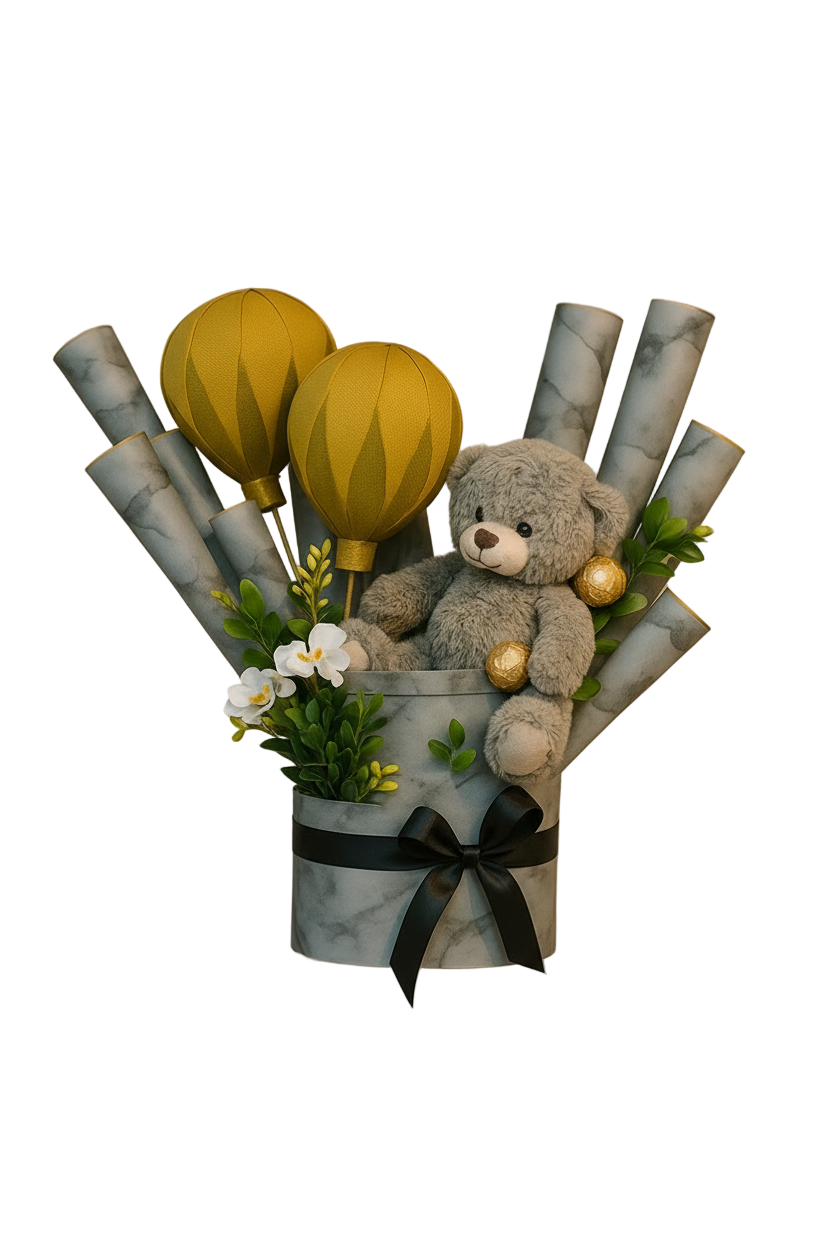 Marble-effect gift box with grey teddy bear, Ferrero chocolates, gold balloon decor, and white flowers – perfect for luxury gifting in Pakistan