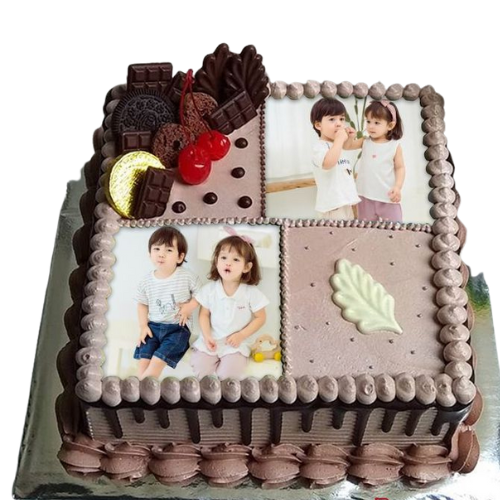 Memory Frame Cake with chocolate frosting, cherries, and multiple edible photo prints