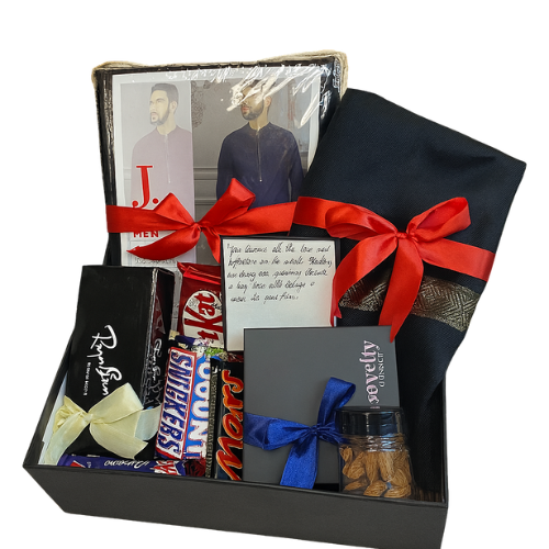 Men’s premium gift box with J. fabric, Ray-Ban sunglasses, leather wallet, assorted chocolates, almonds, and greeting card
