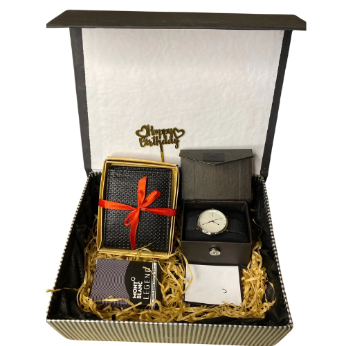 Mini birthday gift box with watch, wallet, pocket perfume, and handwritten card