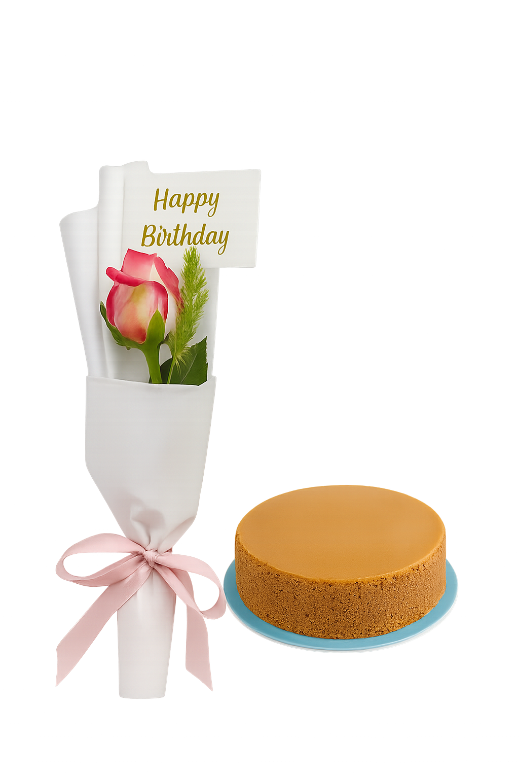 Minimal birthday gift combo featuring a single pink rose bouquet with a "Happy Birthday" card, paired with a round coffee cake on a blue plate – transparent background.