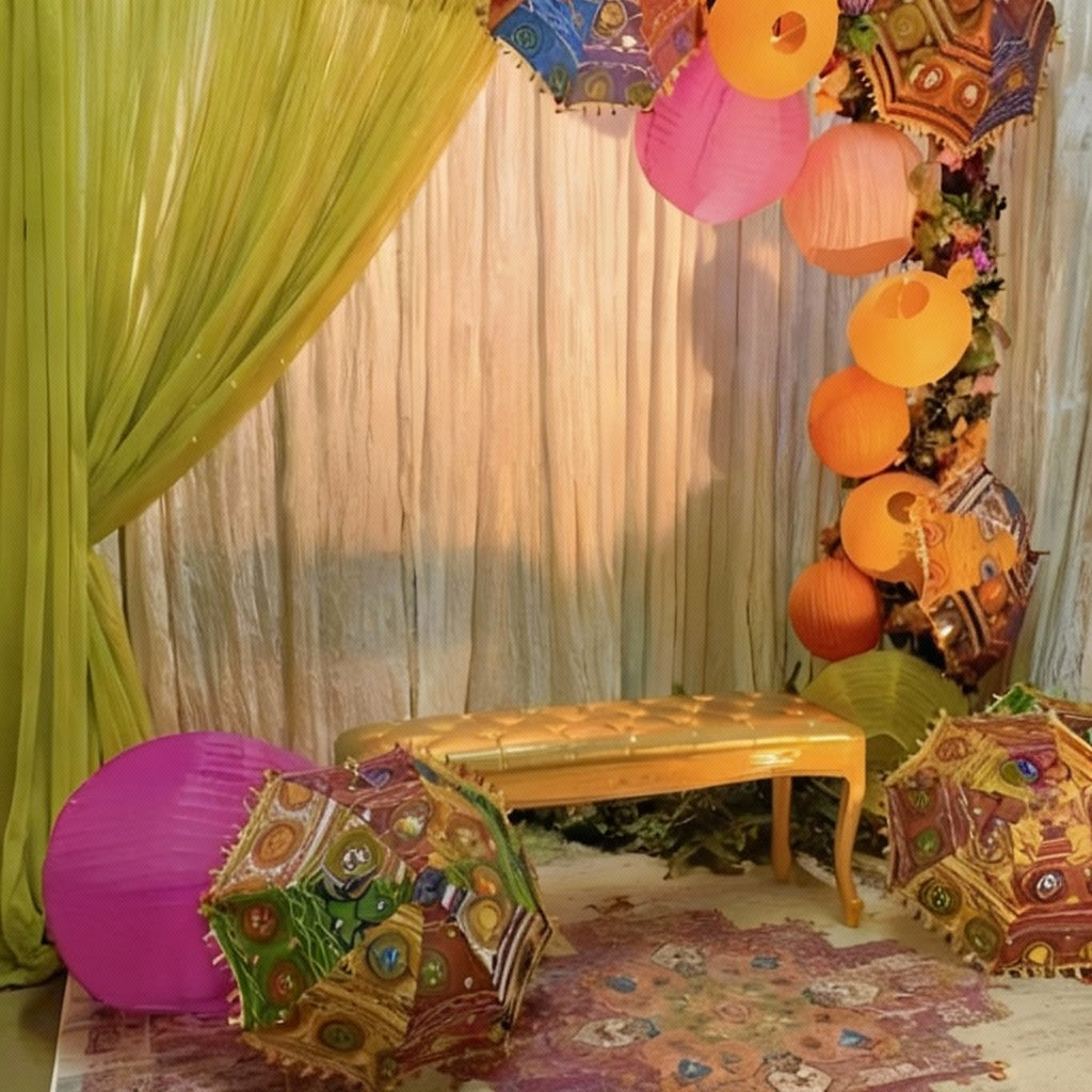 Minimalist Mehndi backdrop with green drapes, colorful umbrellas, decorative lanterns, and a gold bench for an intimate and charming setup.
