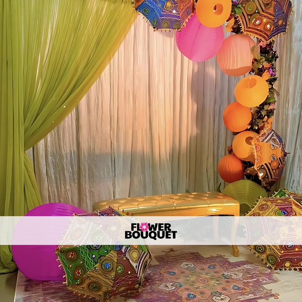 Minimalist Mehndi backdrop with green drapes, colorful umbrellas, decorative lanterns, and a gold bench for an intimate and charming setup.