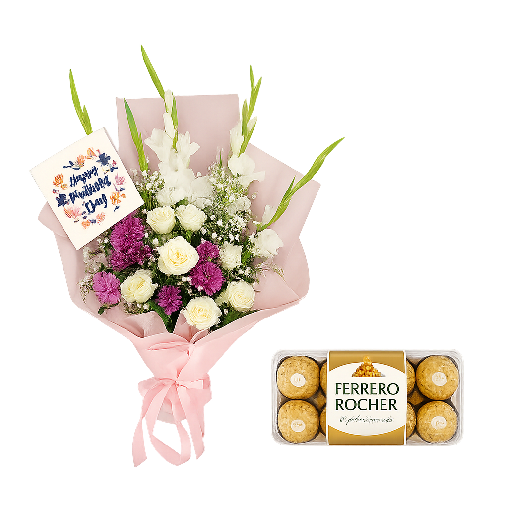 Mixed flower bouquet in pink wrapping with a Mother’s Day greeting card and a box of Ferrero Rocher chocolates placed beside it – transparent background gift combo image.
