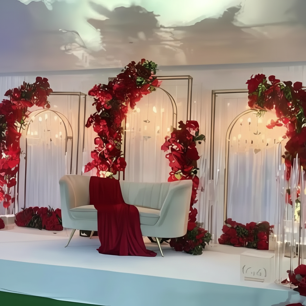 Modern Barat stage setup with red floral arches, a white sofa draped in red fabric, golden frame accents, white curtains, and ambient lighting for a romantic and elegant look.
