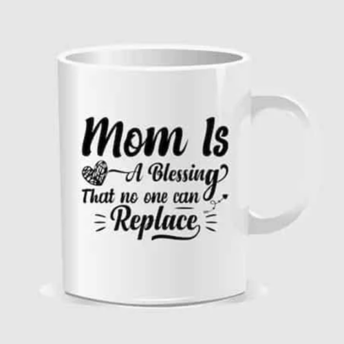 White ceramic mug with printed mom quote in elegant typography