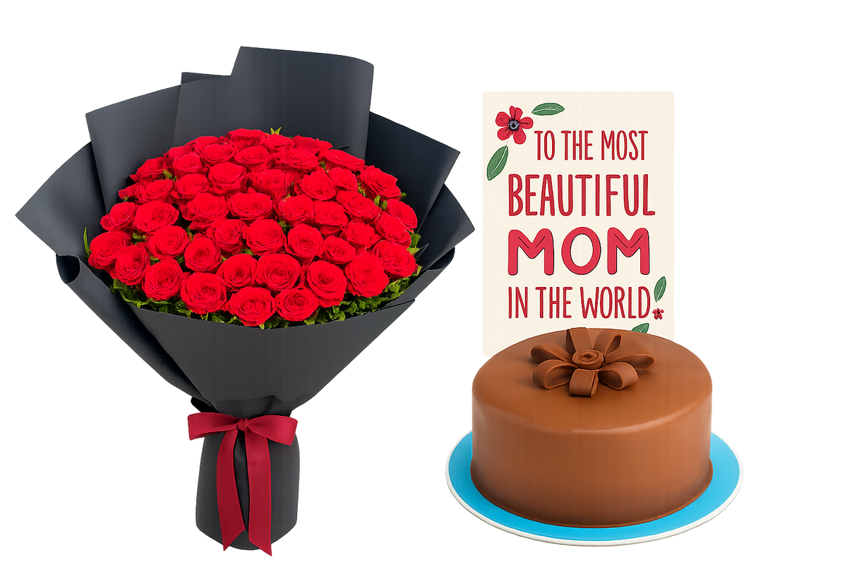 Mother’s Day gift combo featuring 100 red roses wrapped in black, a chocolate cake with bar decoration, and a printed card saying “To the Most Beautiful Mom in the World”.

