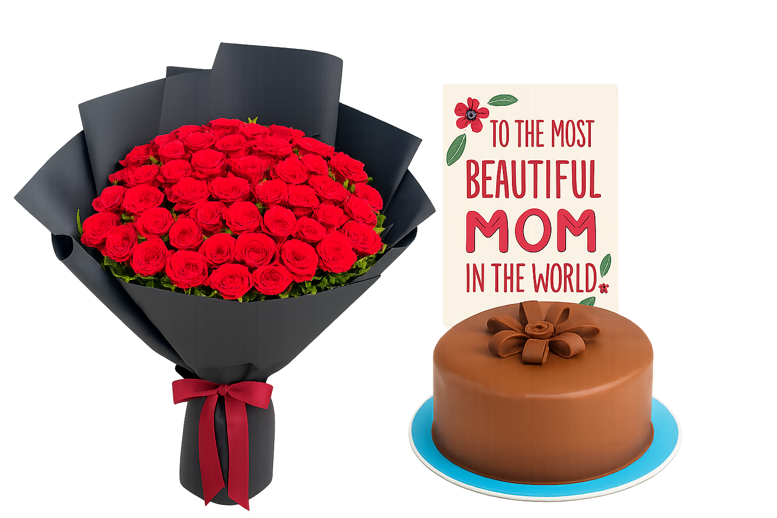 Mother’s Day gift combo featuring 100 red roses wrapped in black, a chocolate cake with bar decoration, and a printed card saying “To the Most Beautiful Mom in the World”.

