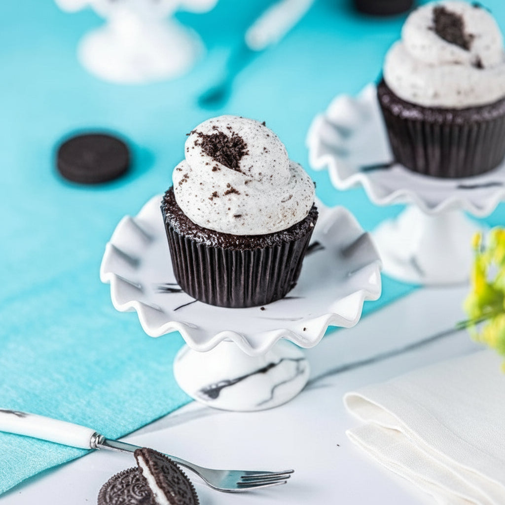 A beautifully presented Oreo Bliss Cupcake on a marble-patterned pedestal stand, topped with creamy Oreo frosting and crushed Oreo crumbs, with a bright blue background and decorative table setting.