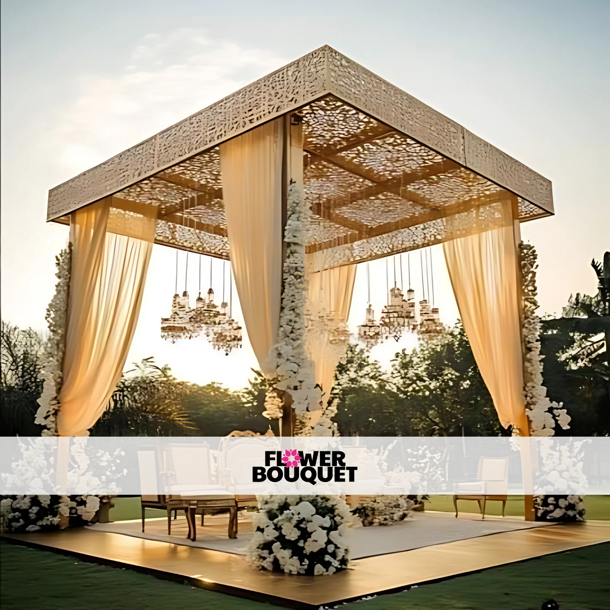 Outdoor wedding stage featuring a golden lattice canopy, sheer drapes, white floral arrangements, and crystal chandeliers, perfect for luxurious events.