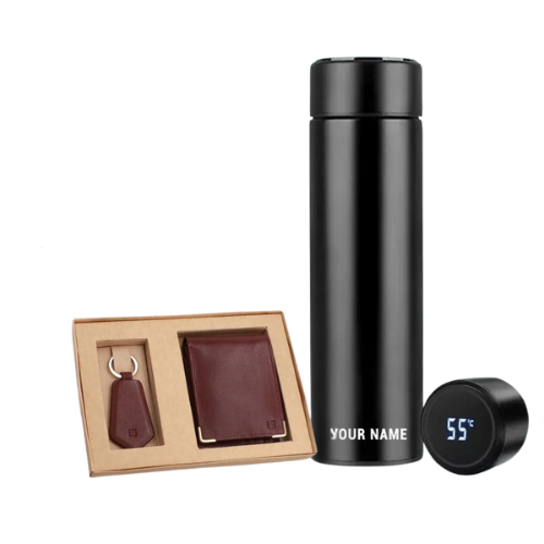 Personalized gift set with custom temperature bottle, leather wallet, and keychain for him