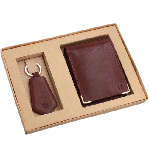 Personalized gift set with custom temperature bottle, leather wallet, and keychain for him
