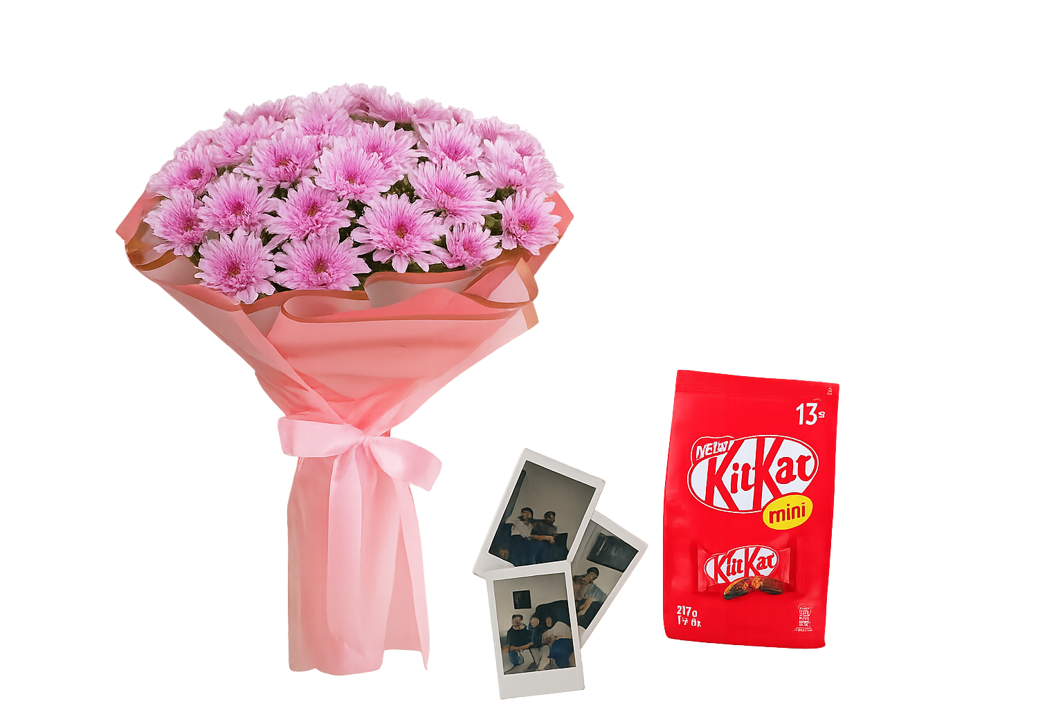 Pink chrysanthemum bouquet wrapped in soft pink, paired with a red pack of KitKat mini chocolates and three printed Polaroid photos – sweet and personal gift combo.

