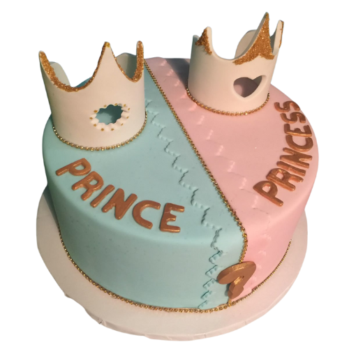 "Prince Princess Cake with golden fondant crowns in pastel blue and pink for baby shower gender reveal celebrations in Lahore, Karachi, and Islamabad"