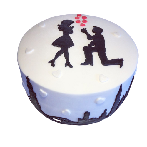 Proposal engagement cake with groom-to-be silhouette proposing, red hearts, and white icing.