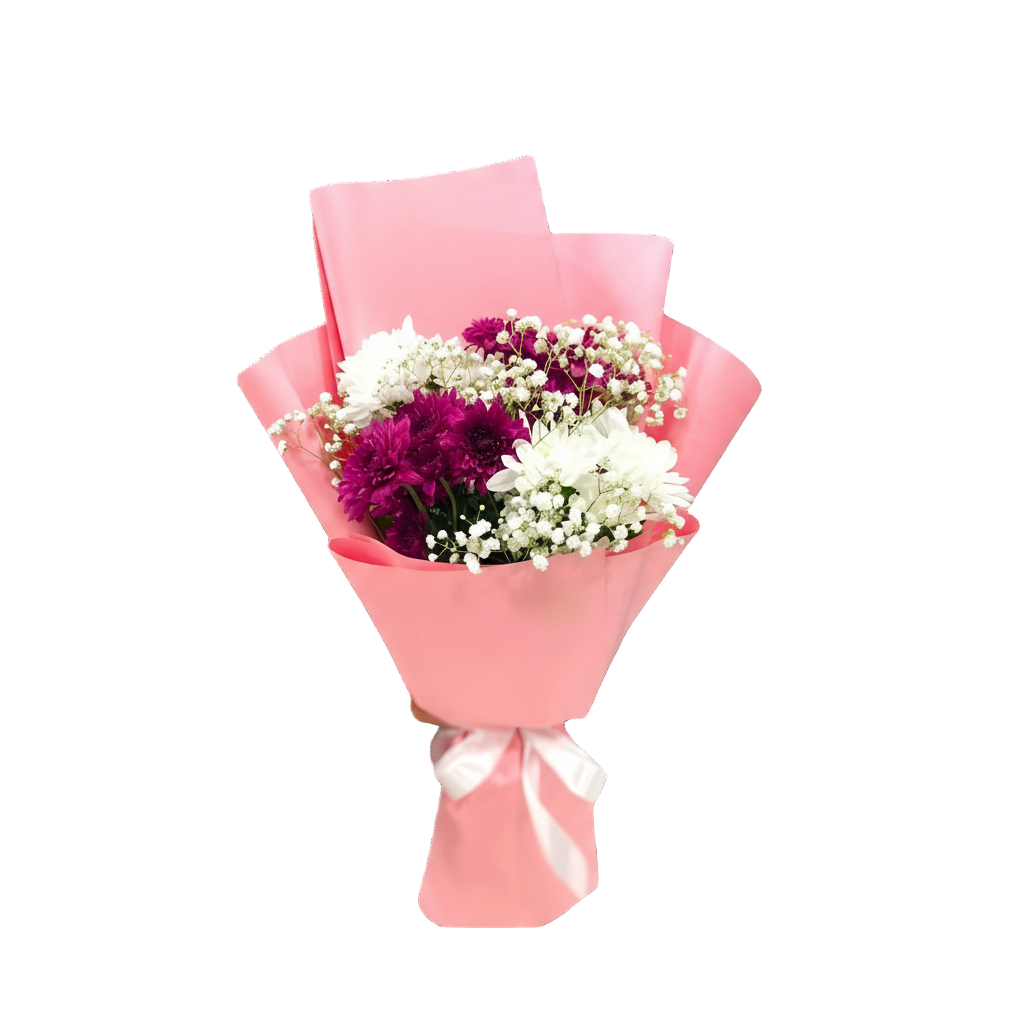 A vibrant and colorful bouquet featuring lush fuchsia chrysanthemums and delicate white daisies, wrapped in a soft pink paper for a romantic and feminine presentation.