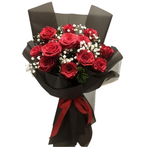 Red rose bouquet with baby’s breath in black wrap and red ribbon