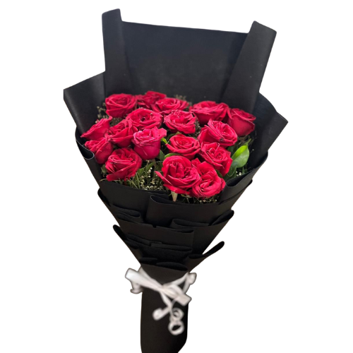 Red rose bouquet wrapped in black paper with white ribbon