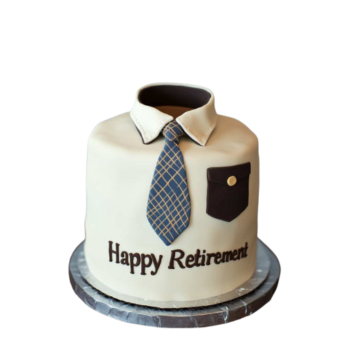 "Retirement celebration cake decorated with a fondant shirt, tie, pocket, and Happy Retirement message."