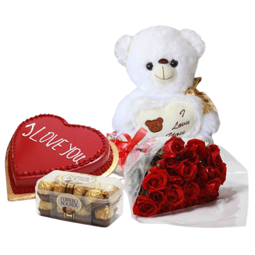 Romantic 4 Days Surprise gift set with teddy bear, red roses bouquet, Ferrero Rocher chocolates, and heart-shaped I Love You cake