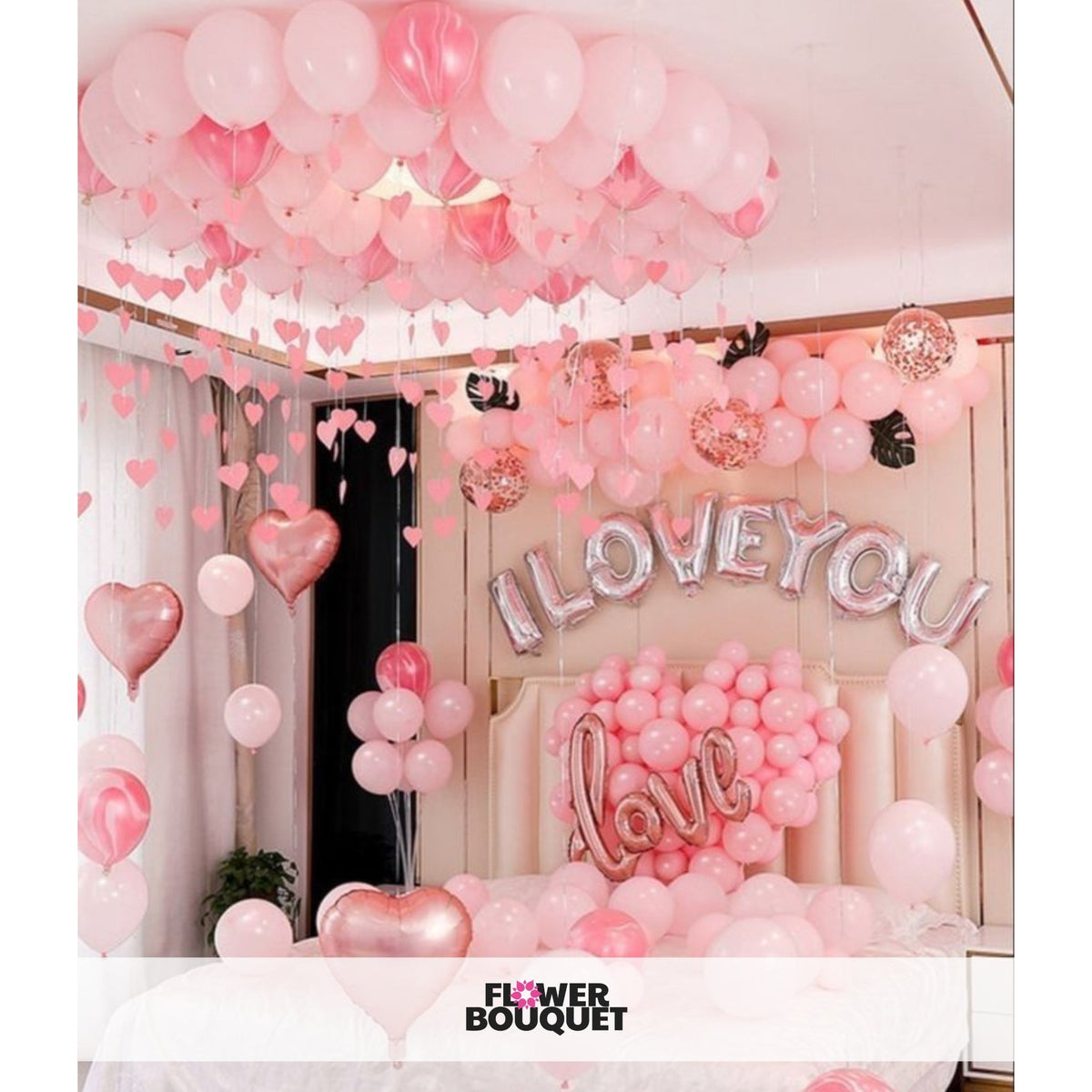 Romantic Balloon and Rose Petal Room Decor with pink balloons, heart-shaped decorations, "I LOVE YOU" balloons, rose petals, and candles.