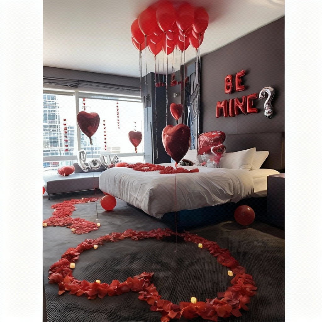 Romantic Balloon and Rose Petal Room Decor with red and black balloons, heart-shaped rose petals, and "love" balloon.