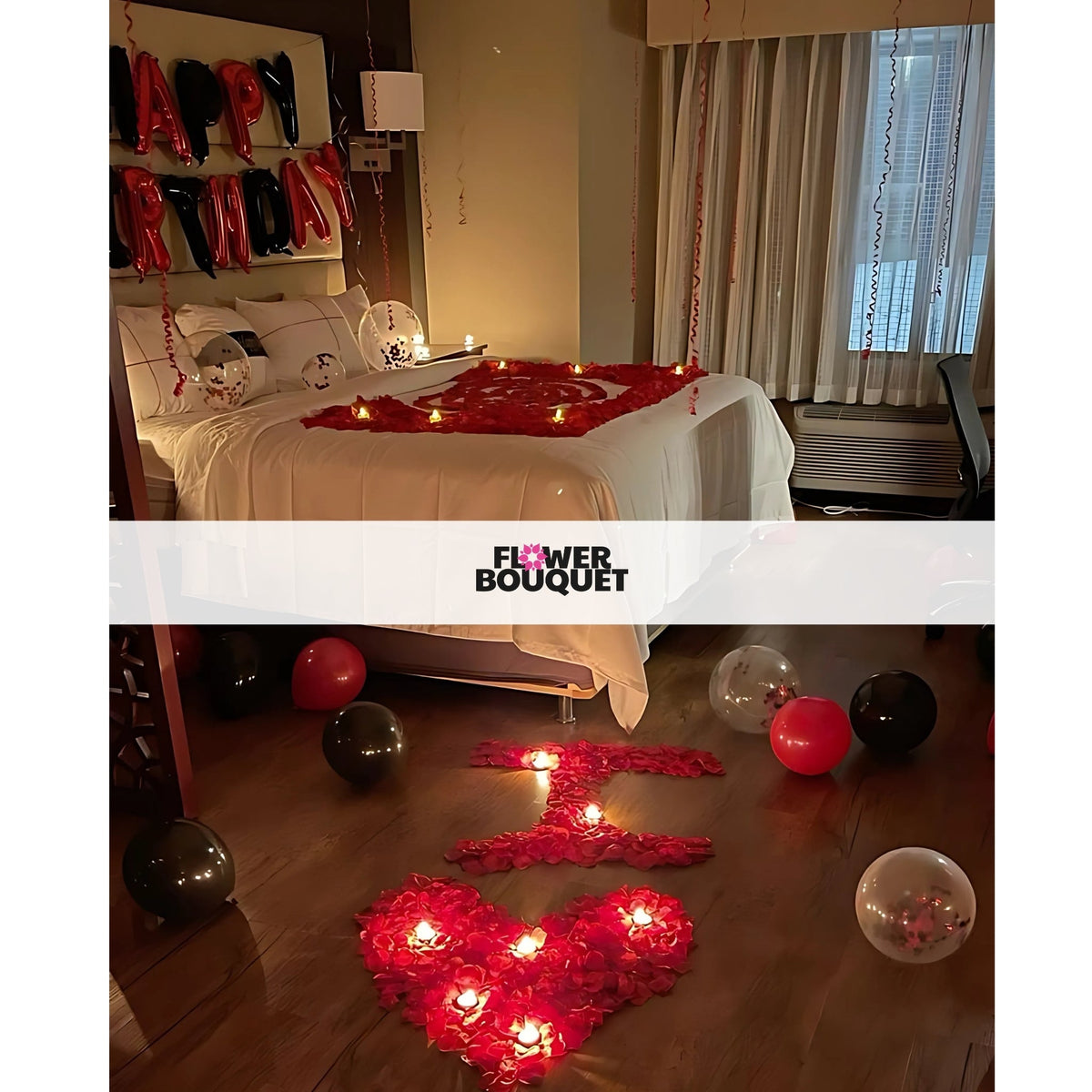 Romantic Birthday Celebration Bed Decor with heart-shaped red rose petals, candles, "HAPPY BIRTHDAY" balloons, and scattered black, red, and confetti balloons.