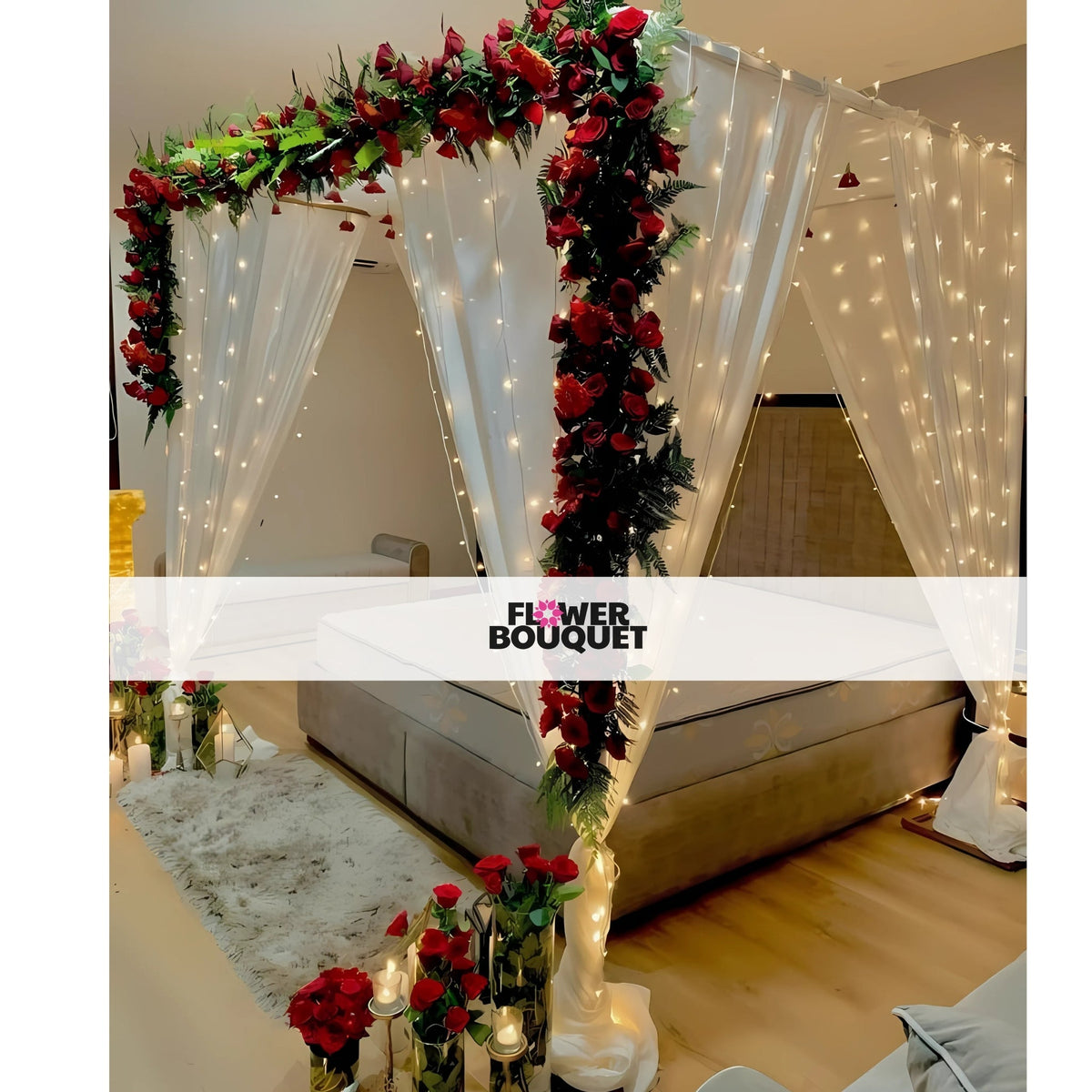 Romantic Flower Canopy Bed Decor with white sheer curtains, string lights, red roses, green foliage, glass vases, candles, and plush white rug.