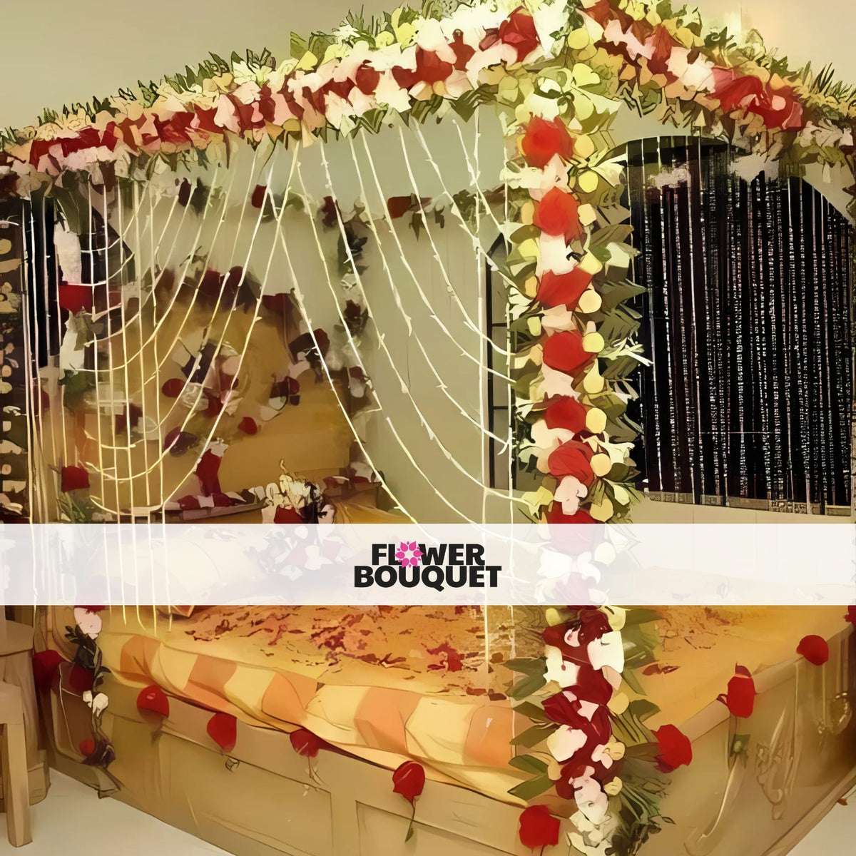 Romantic canopy flower decoration with red and white flowers, green leaves, and white lights creating an enchanting ambiance.